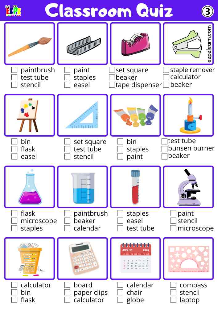 Classroom Objects Quiz Worksheet – Check the Correct Answer Set 3 PDF Download